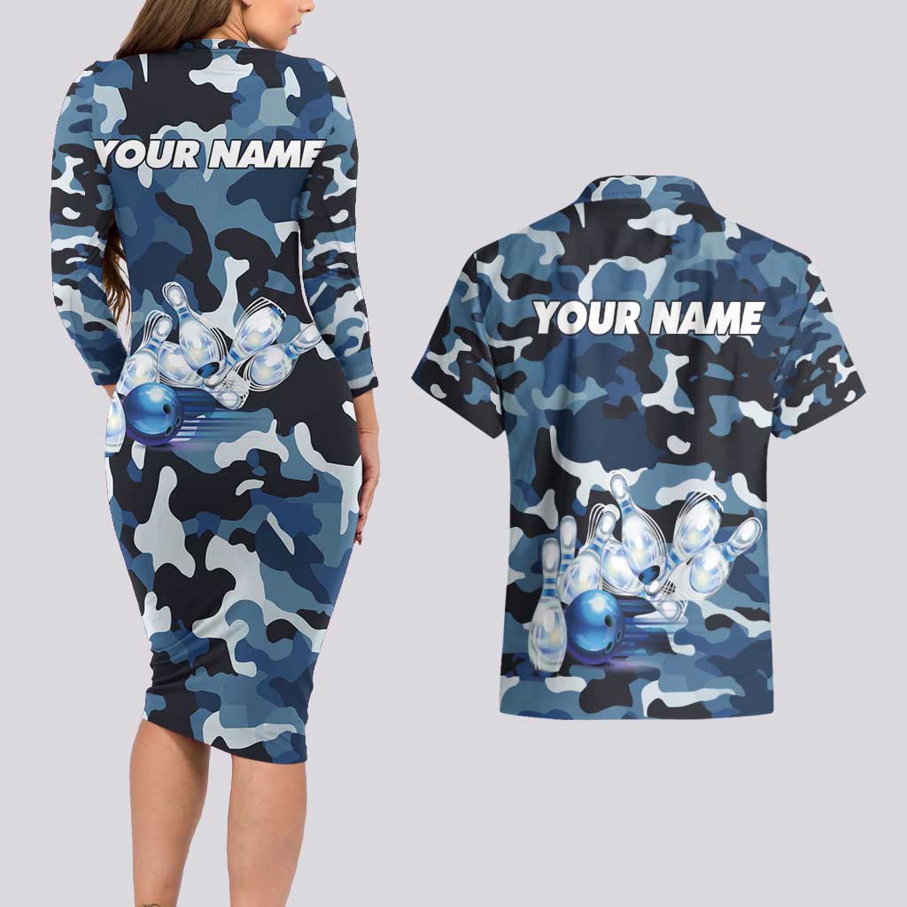 Blue Camouflage Pattern Couples Matching Long Sleeve Bodycon Dress and Hawaiian Shirt with Bowling Pins and Ball Graphic Design - Wonder Print Shop
