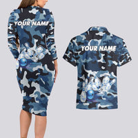 Blue Camouflage Pattern Couples Matching Long Sleeve Bodycon Dress and Hawaiian Shirt with Bowling Pins and Ball Graphic Design - Wonder Print Shop