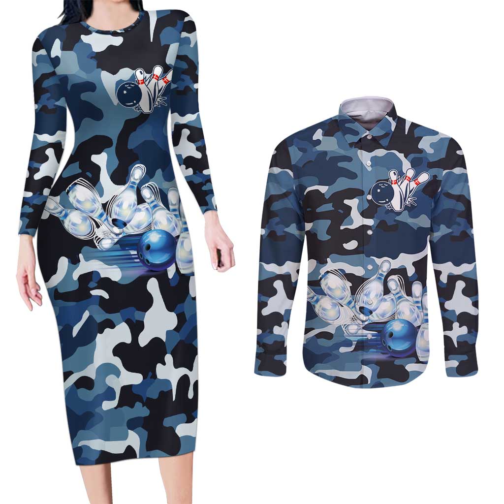 Blue Camouflage Pattern Couples Matching Long Sleeve Bodycon Dress and Long Sleeve Button Shirt with Bowling Pins and Ball Graphic Design - Wonder Print Shop