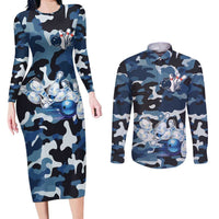 Blue Camouflage Pattern Couples Matching Long Sleeve Bodycon Dress and Long Sleeve Button Shirt with Bowling Pins and Ball Graphic Design - Wonder Print Shop
