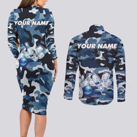 Blue Camouflage Pattern Couples Matching Long Sleeve Bodycon Dress and Long Sleeve Button Shirt with Bowling Pins and Ball Graphic Design - Wonder Print Shop