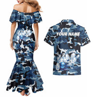 Blue Camouflage Pattern Couples Matching Mermaid Dress and Hawaiian Shirt with Bowling Pins and Ball Graphic Design - Wonder Print Shop