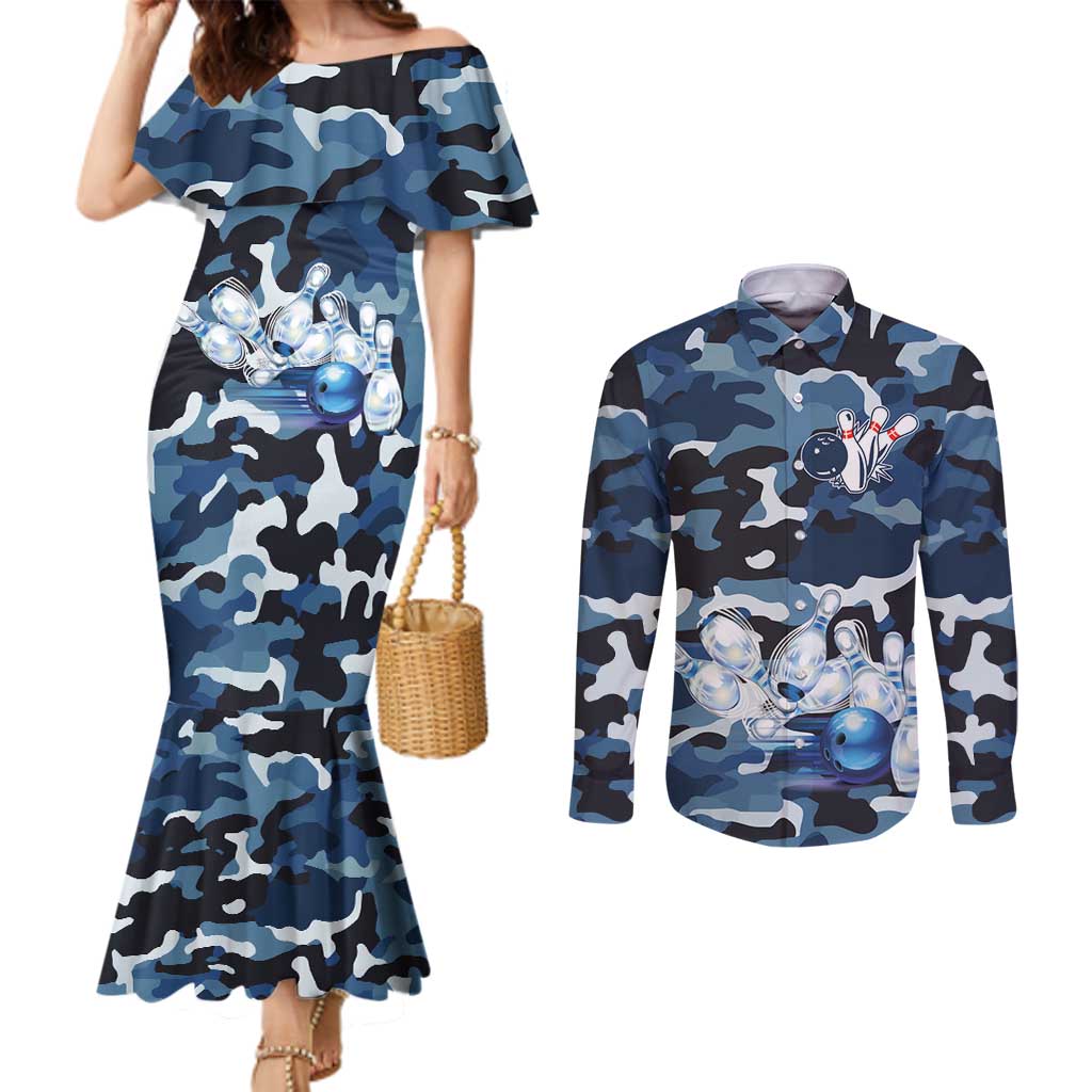 Blue Camouflage Pattern Couples Matching Mermaid Dress and Long Sleeve Button Shirt with Bowling Pins and Ball Graphic Design - Wonder Print Shop