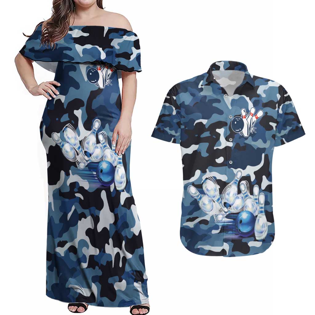 Blue Camouflage Pattern Couples Matching Off Shoulder Maxi Dress and Hawaiian Shirt with Bowling Pins and Ball Graphic Design - Wonder Print Shop