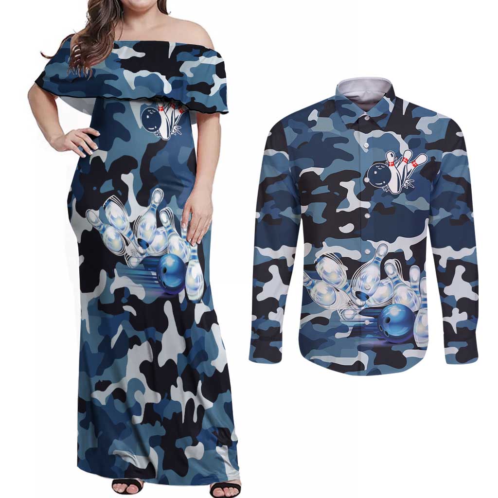 Blue Camouflage Pattern Couples Matching Off Shoulder Maxi Dress and Long Sleeve Button Shirt with Bowling Pins and Ball Graphic Design - Wonder Print Shop