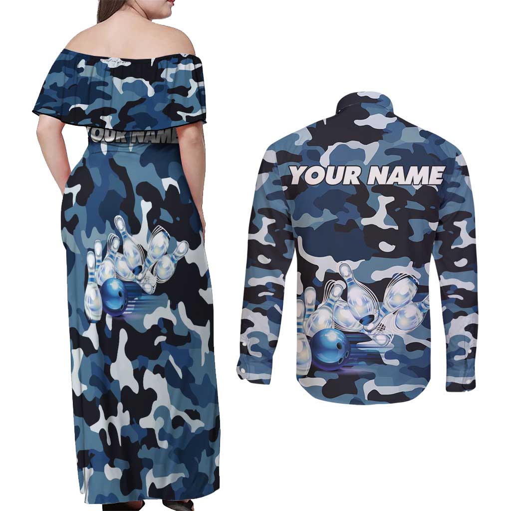 Blue Camouflage Pattern Couples Matching Off Shoulder Maxi Dress and Long Sleeve Button Shirt with Bowling Pins and Ball Graphic Design - Wonder Print Shop