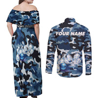 Blue Camouflage Pattern Couples Matching Off Shoulder Maxi Dress and Long Sleeve Button Shirt with Bowling Pins and Ball Graphic Design - Wonder Print Shop
