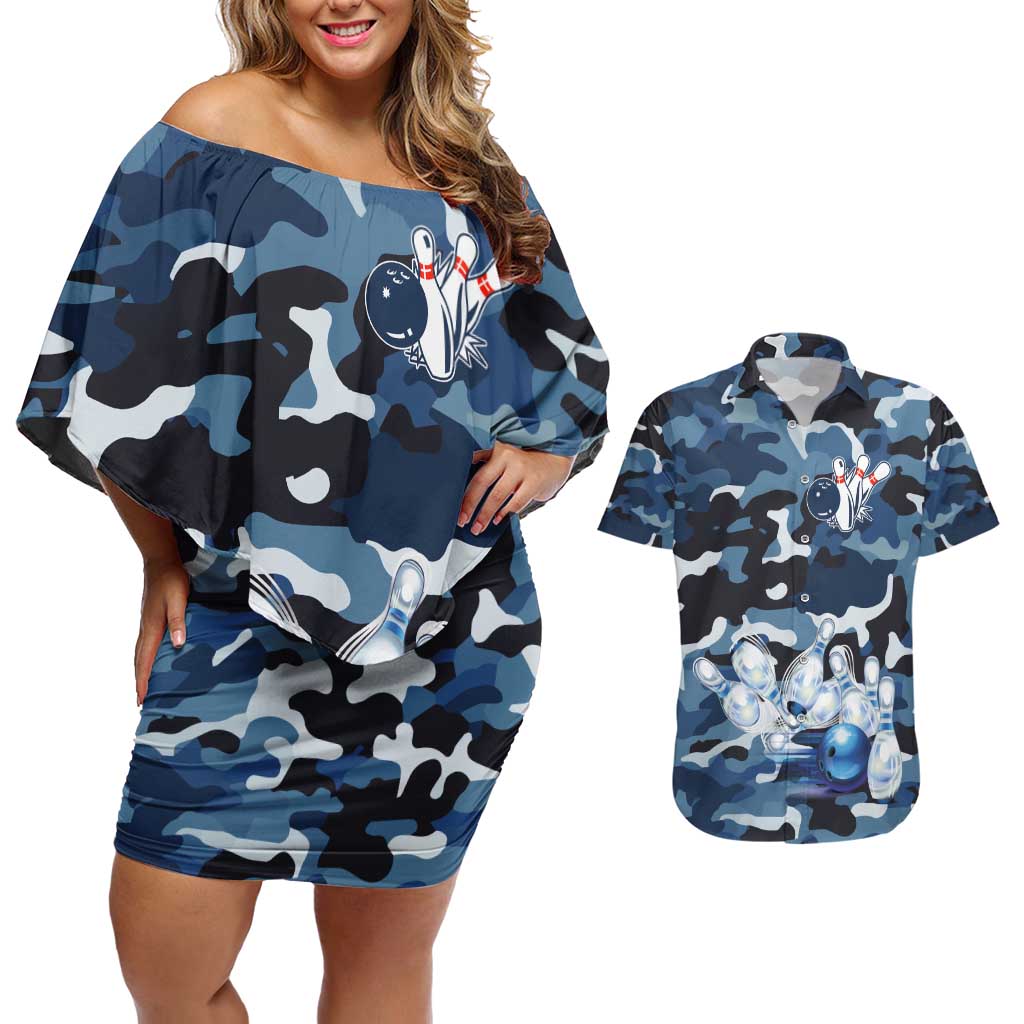 Blue Camouflage Pattern Couples Matching Off Shoulder Short Dress and Hawaiian Shirt with Bowling Pins and Ball Graphic Design - Wonder Print Shop