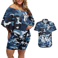Blue Camouflage Pattern Couples Matching Off Shoulder Short Dress and Hawaiian Shirt with Bowling Pins and Ball Graphic Design - Wonder Print Shop