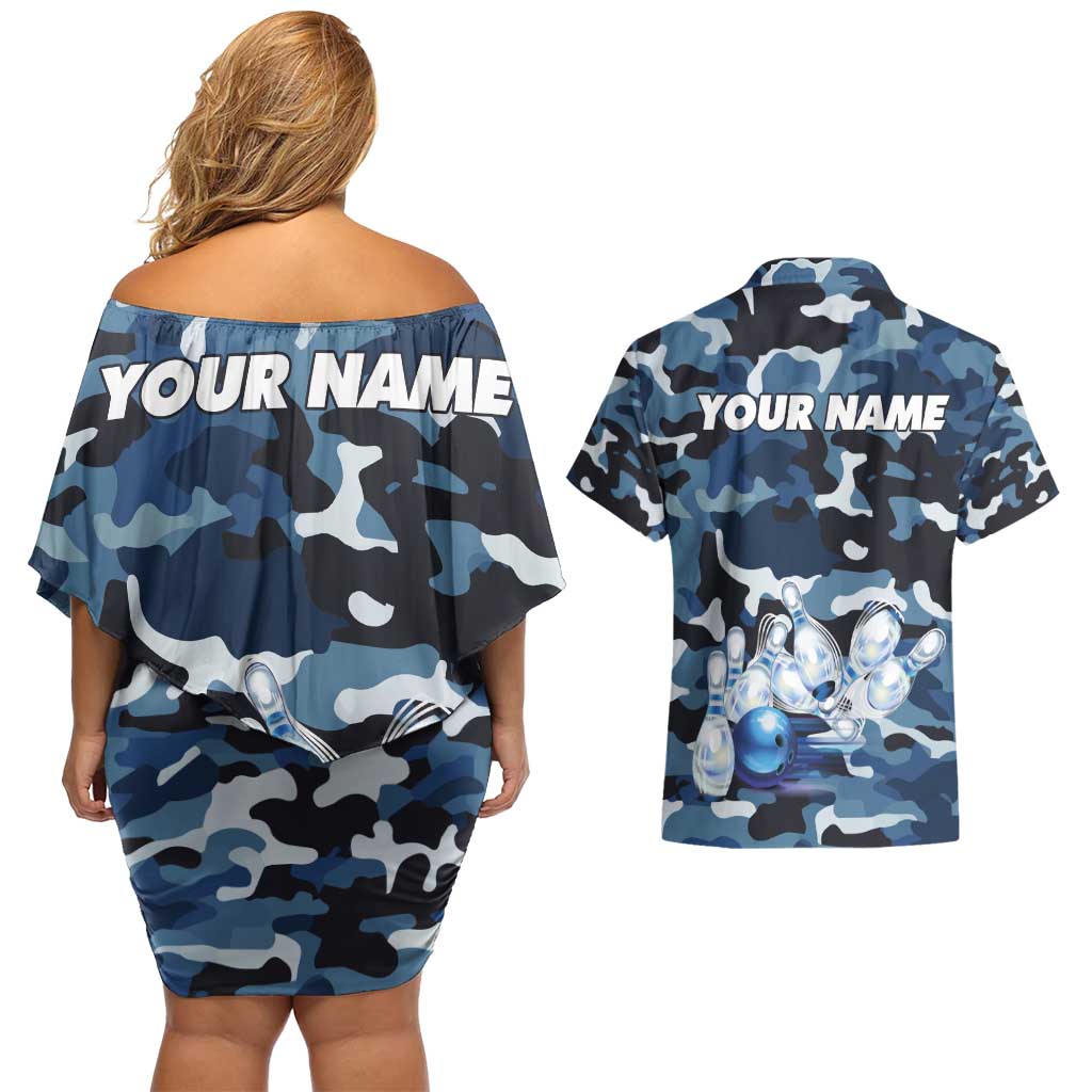 Blue Camouflage Pattern Couples Matching Off Shoulder Short Dress and Hawaiian Shirt with Bowling Pins and Ball Graphic Design - Wonder Print Shop