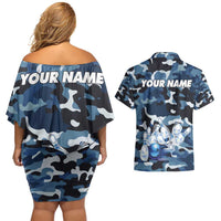 Blue Camouflage Pattern Couples Matching Off Shoulder Short Dress and Hawaiian Shirt with Bowling Pins and Ball Graphic Design - Wonder Print Shop