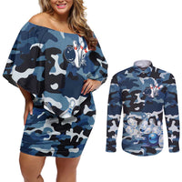 Blue Camouflage Pattern Couples Matching Off Shoulder Short Dress and Long Sleeve Button Shirt with Bowling Pins and Ball Graphic Design - Wonder Print Shop