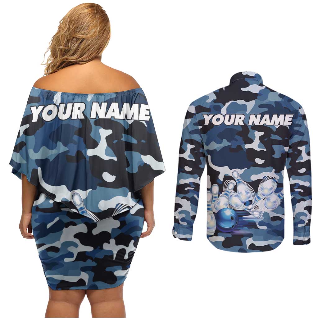 Blue Camouflage Pattern Couples Matching Off Shoulder Short Dress and Long Sleeve Button Shirt with Bowling Pins and Ball Graphic Design - Wonder Print Shop