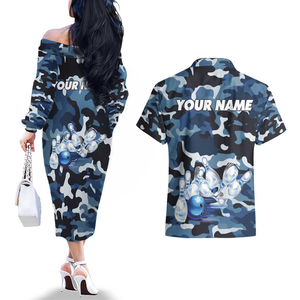 Blue Camouflage Pattern Couples Matching Off The Shoulder Long Sleeve Dress and Hawaiian Shirt with Bowling Pins and Ball Graphic Design - Wonder Print Shop