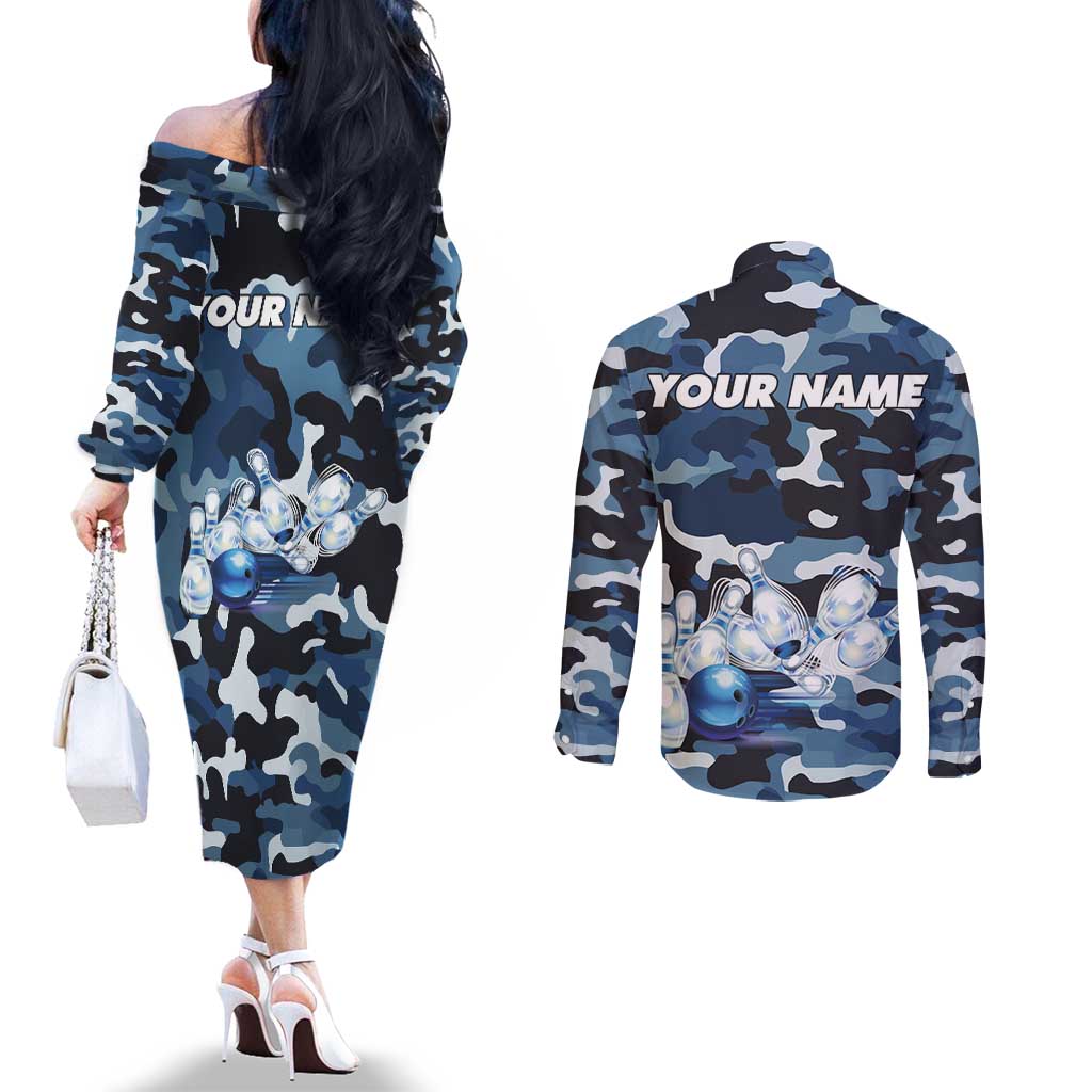 Blue Camouflage Pattern Couples Matching Off The Shoulder Long Sleeve Dress and Long Sleeve Button Shirt with Bowling Pins and Ball Graphic Design - Wonder Print Shop