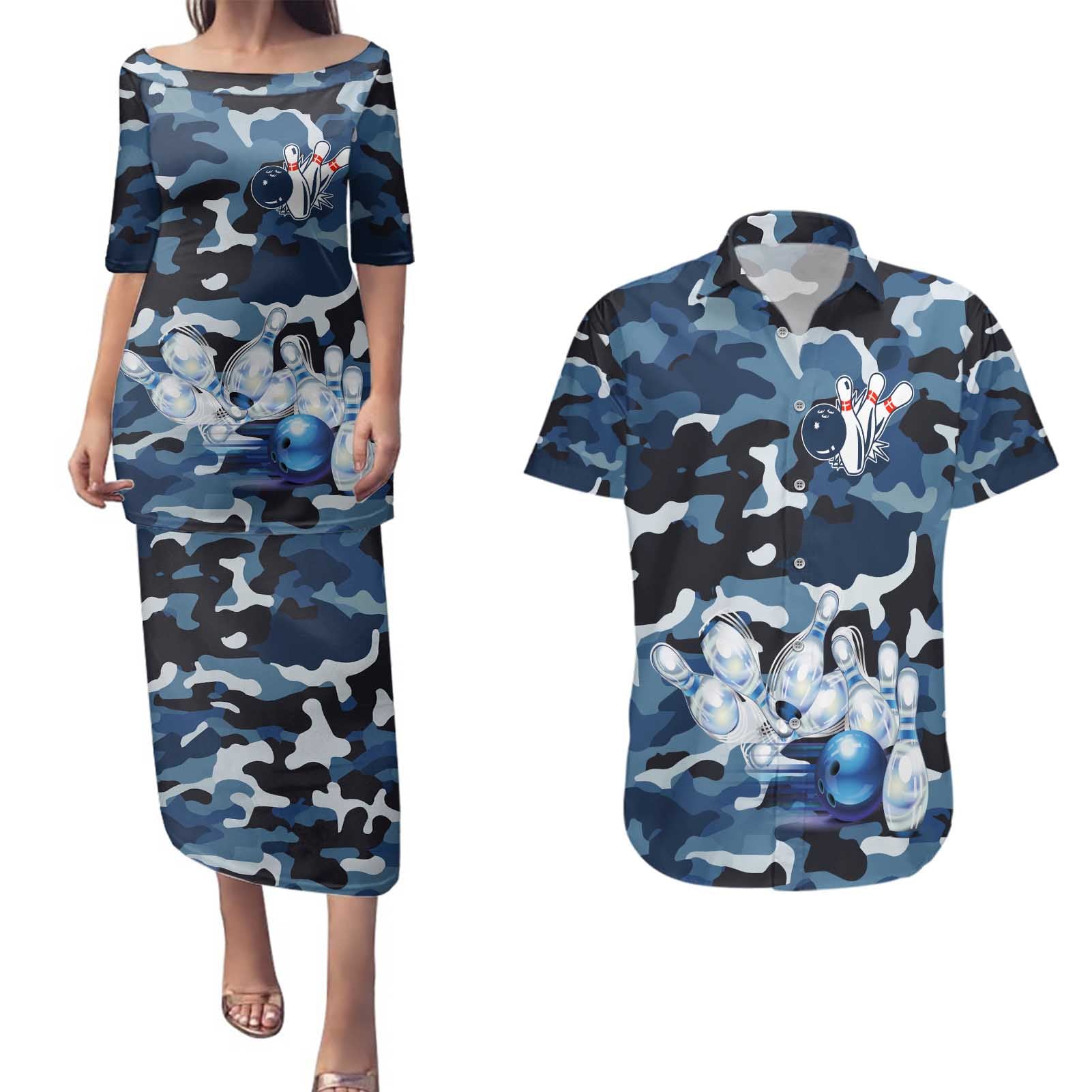 Blue Camouflage Pattern Couples Matching Puletasi and Hawaiian Shirt with Bowling Pins and Ball Graphic Design - Wonder Print Shop