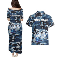 Blue Camouflage Pattern Couples Matching Puletasi and Hawaiian Shirt with Bowling Pins and Ball Graphic Design - Wonder Print Shop