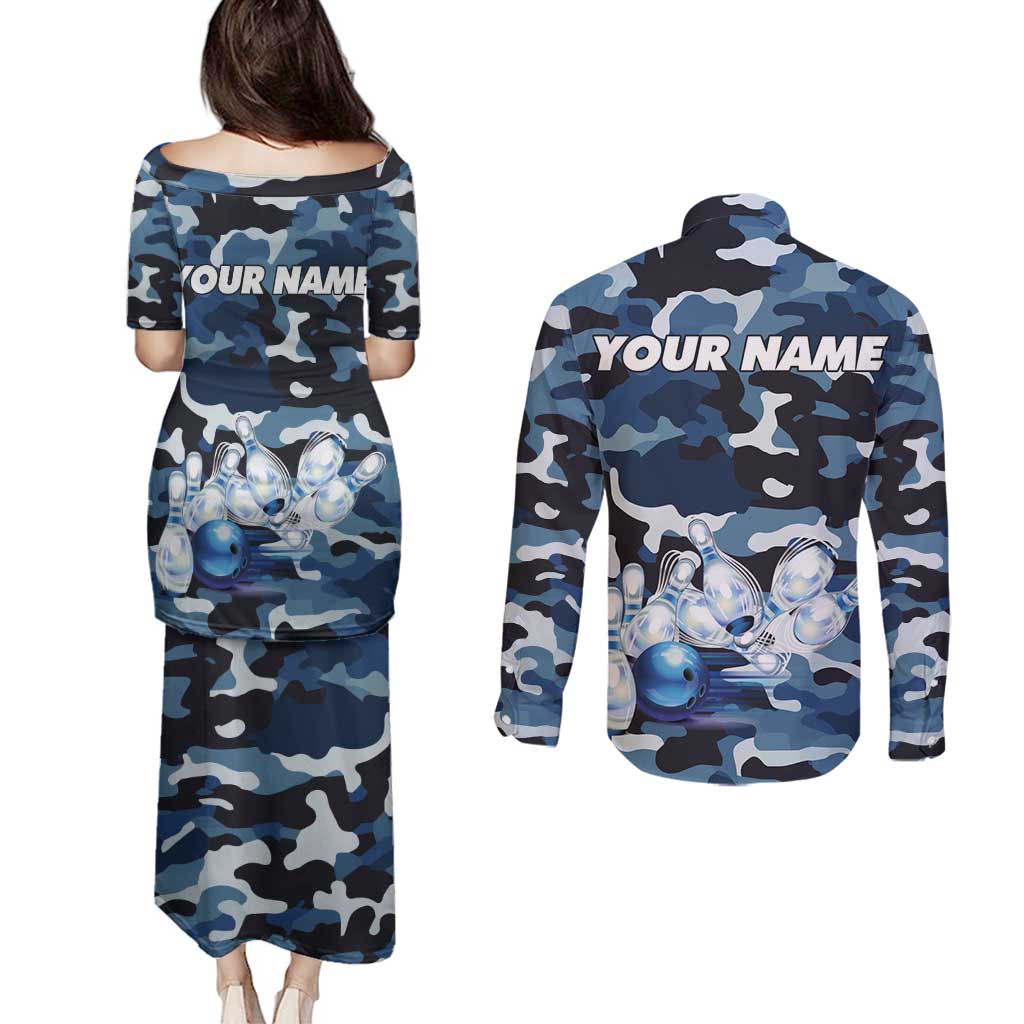 Blue Camouflage Pattern Couples Matching Puletasi and Long Sleeve Button Shirt with Bowling Pins and Ball Graphic Design - Wonder Print Shop
