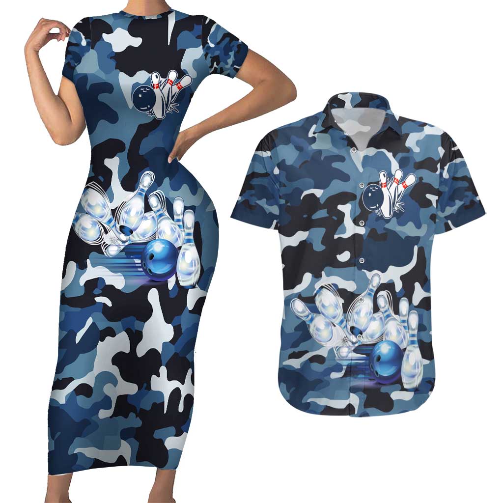 Blue Camouflage Pattern Couples Matching Short Sleeve Bodycon Dress and Hawaiian Shirt with Bowling Pins and Ball Graphic Design - Wonder Print Shop