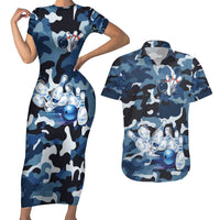 Blue Camouflage Pattern Couples Matching Short Sleeve Bodycon Dress and Hawaiian Shirt with Bowling Pins and Ball Graphic Design - Wonder Print Shop