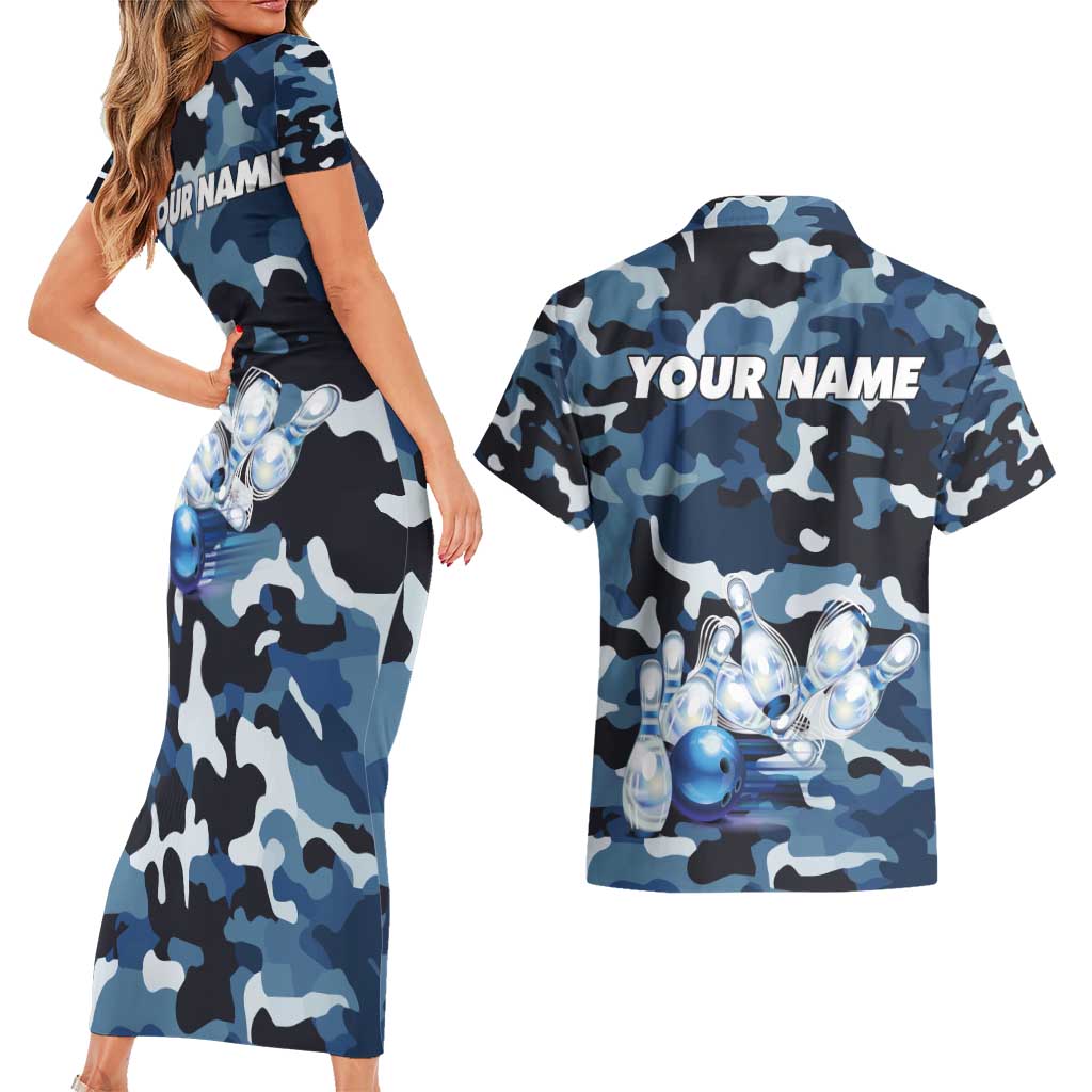 Blue Camouflage Pattern Couples Matching Short Sleeve Bodycon Dress and Hawaiian Shirt with Bowling Pins and Ball Graphic Design - Wonder Print Shop
