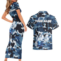 Blue Camouflage Pattern Couples Matching Short Sleeve Bodycon Dress and Hawaiian Shirt with Bowling Pins and Ball Graphic Design - Wonder Print Shop