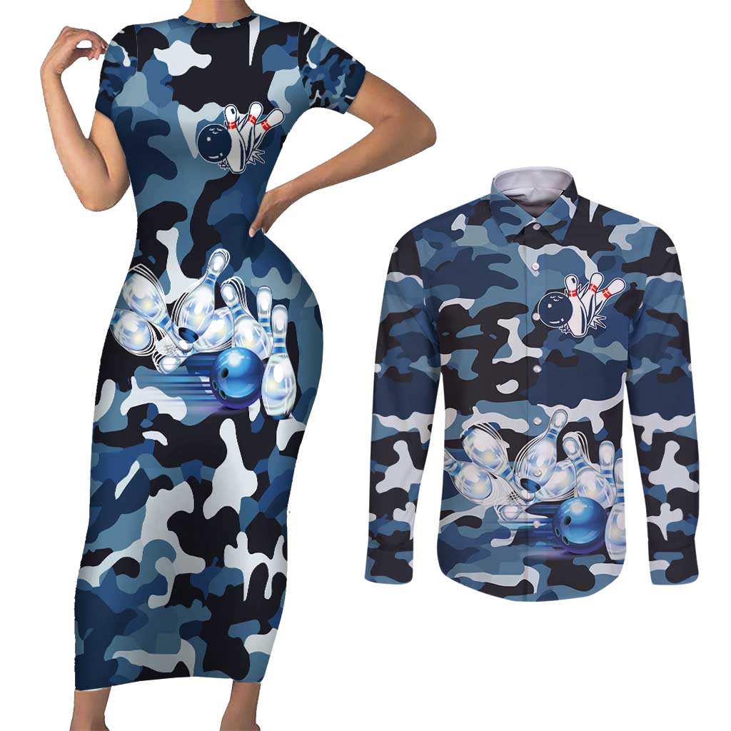 Blue Camouflage Pattern Couples Matching Short Sleeve Bodycon Dress and Long Sleeve Button Shirt with Bowling Pins and Ball Graphic Design - Wonder Print Shop