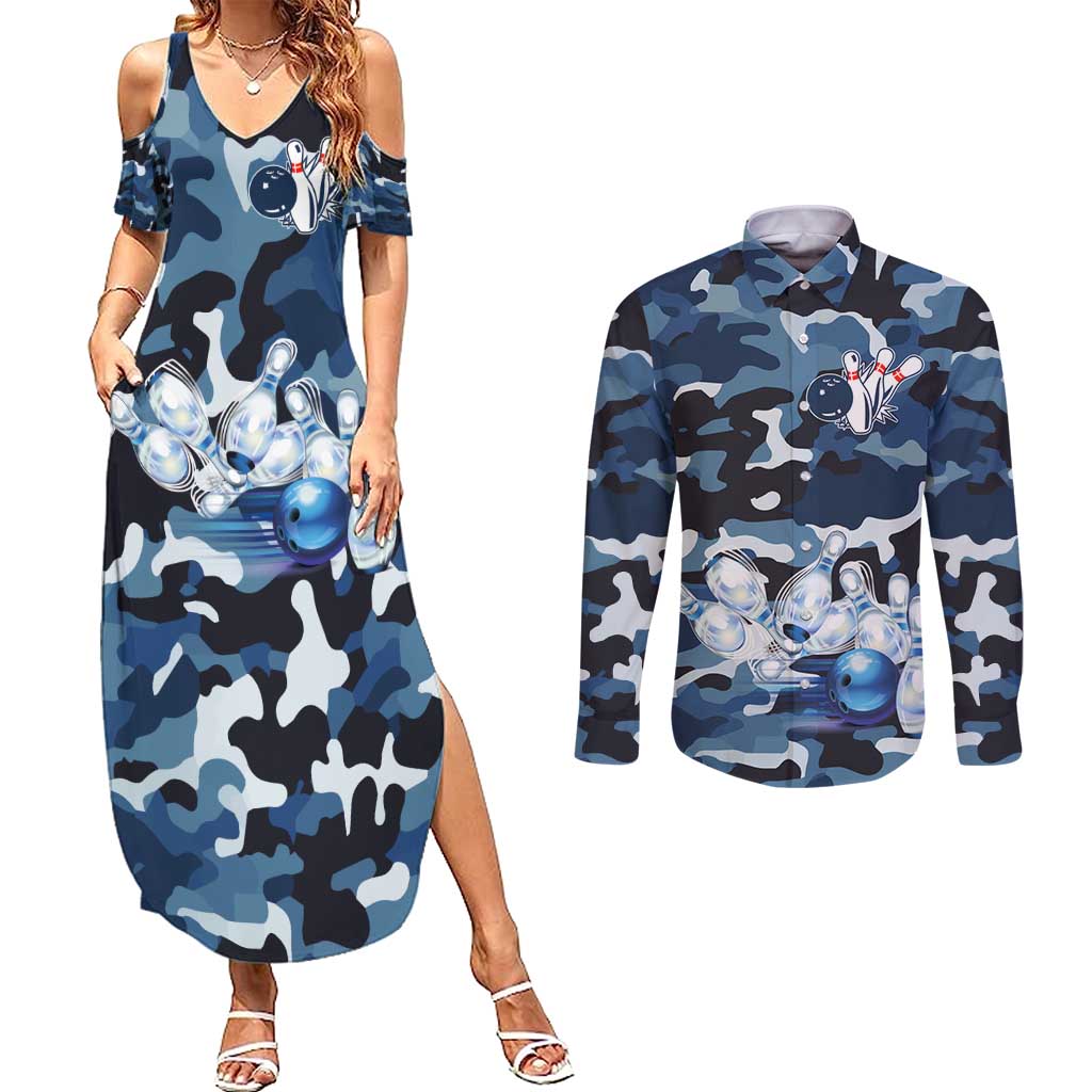 Blue Camouflage Pattern Couples Matching Summer Maxi Dress and Long Sleeve Button Shirt with Bowling Pins and Ball Graphic Design - Wonder Print Shop