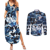 Blue Camouflage Pattern Couples Matching Summer Maxi Dress and Long Sleeve Button Shirt with Bowling Pins and Ball Graphic Design - Wonder Print Shop