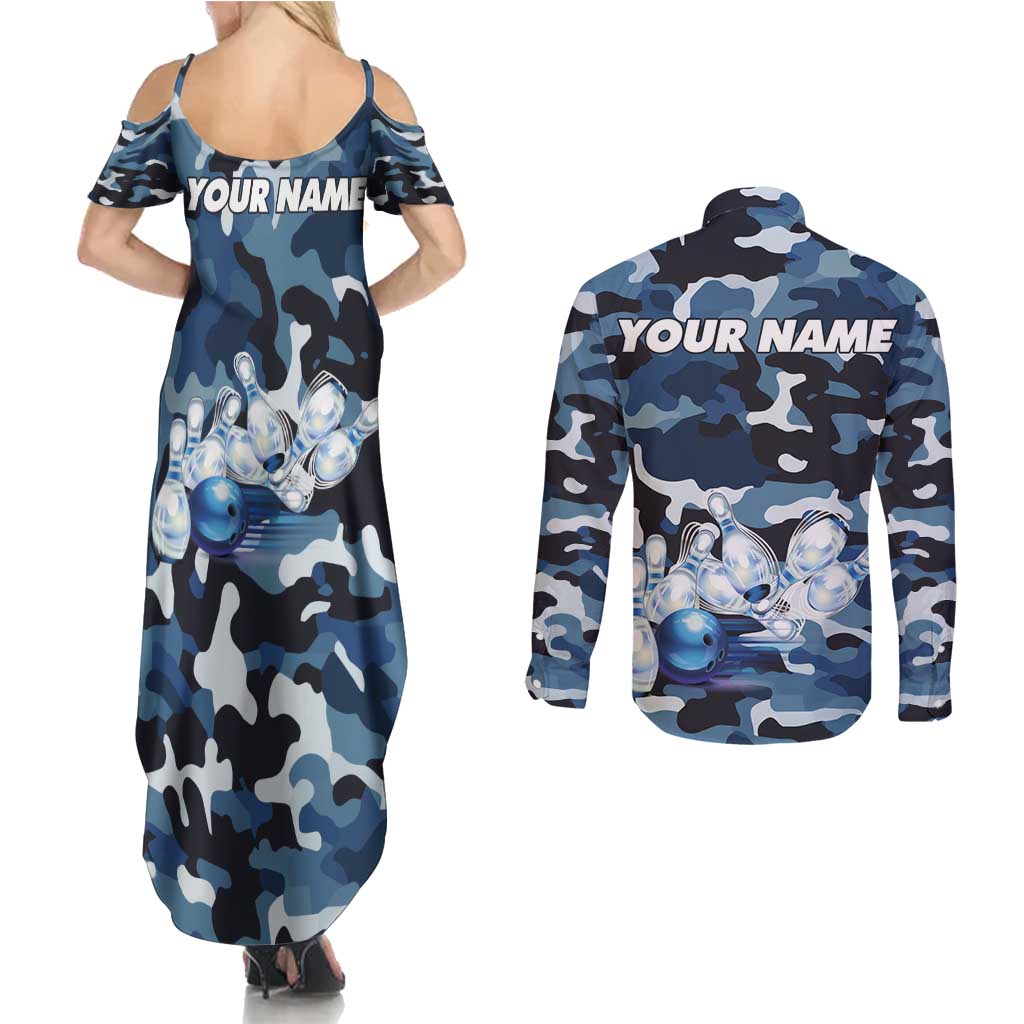 Blue Camouflage Pattern Couples Matching Summer Maxi Dress and Long Sleeve Button Shirt with Bowling Pins and Ball Graphic Design - Wonder Print Shop