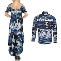 Blue Camouflage Pattern Couples Matching Summer Maxi Dress and Long Sleeve Button Shirt with Bowling Pins and Ball Graphic Design - Wonder Print Shop