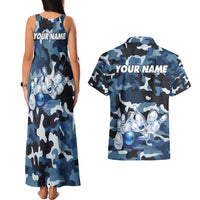 Blue Camouflage Pattern Couples Matching Tank Maxi Dress and Hawaiian Shirt with Bowling Pins and Ball Graphic Design - Wonder Print Shop