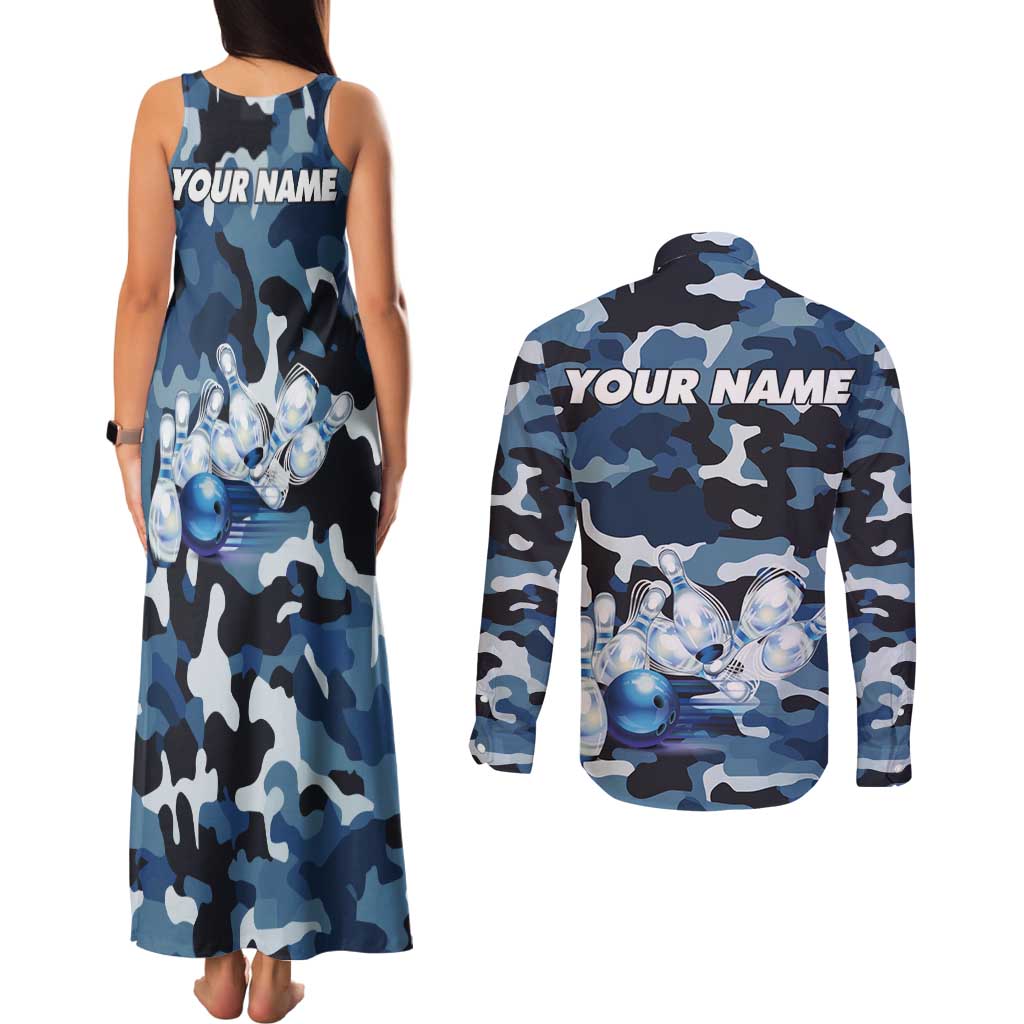 Blue Camouflage Pattern Couples Matching Tank Maxi Dress and Long Sleeve Button Shirt with Bowling Pins and Ball Graphic Design - Wonder Print Shop