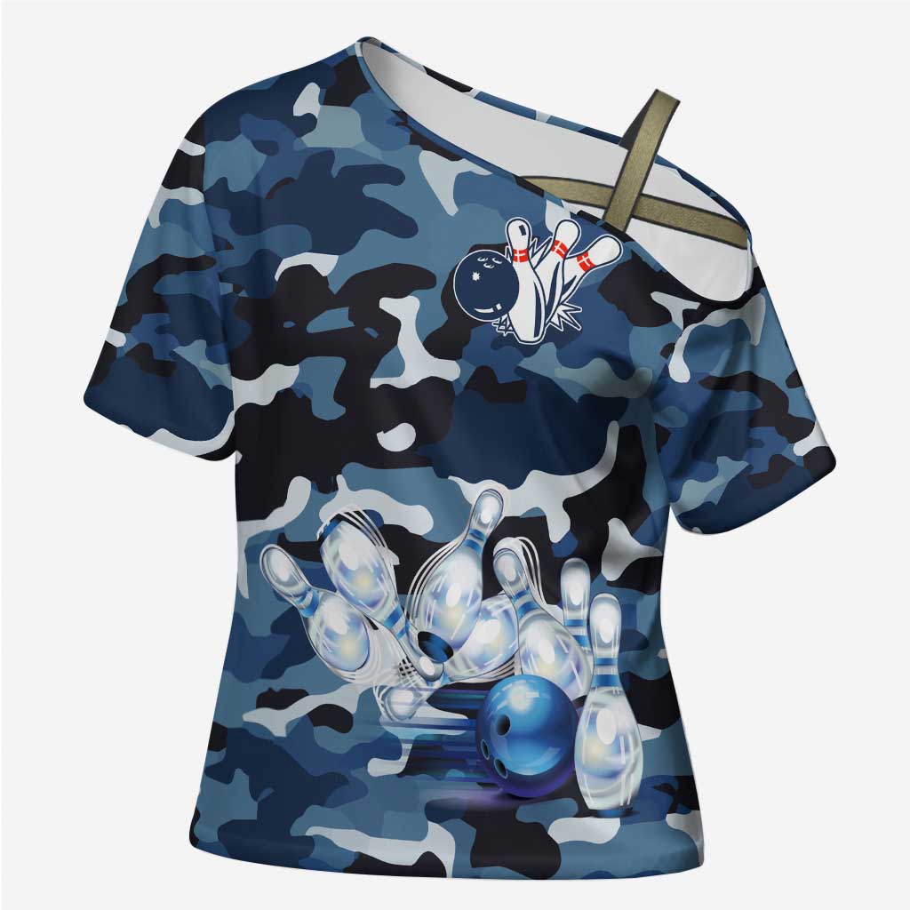 Blue Camouflage Pattern Cross Shoulder Shirt with Bowling Pins and Ball Graphic Design - Wonder Print Shop
