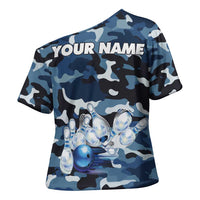 Blue Camouflage Pattern Cross Shoulder Shirt with Bowling Pins and Ball Graphic Design - Wonder Print Shop