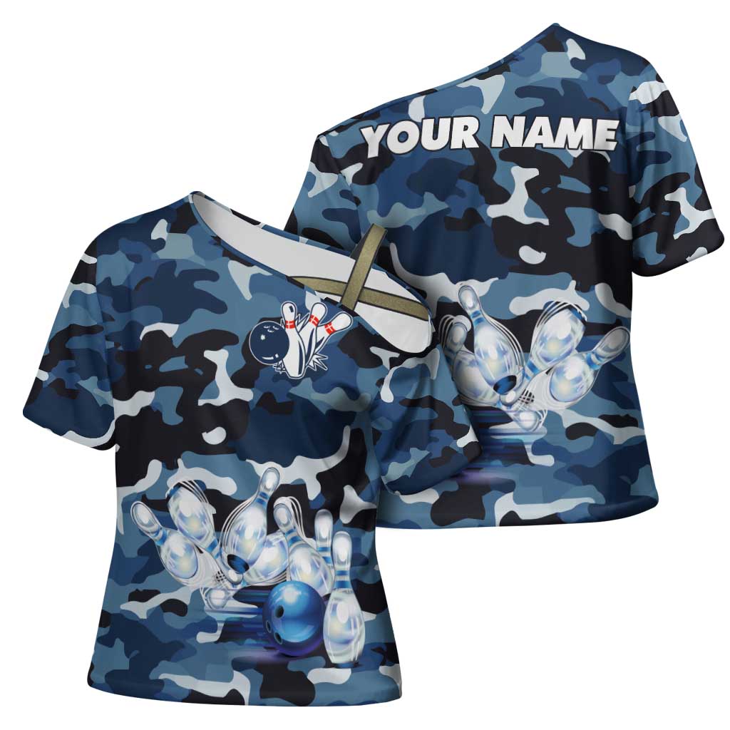 Blue Camouflage Pattern Cross Shoulder Shirt with Bowling Pins and Ball Graphic Design - Wonder Print Shop
