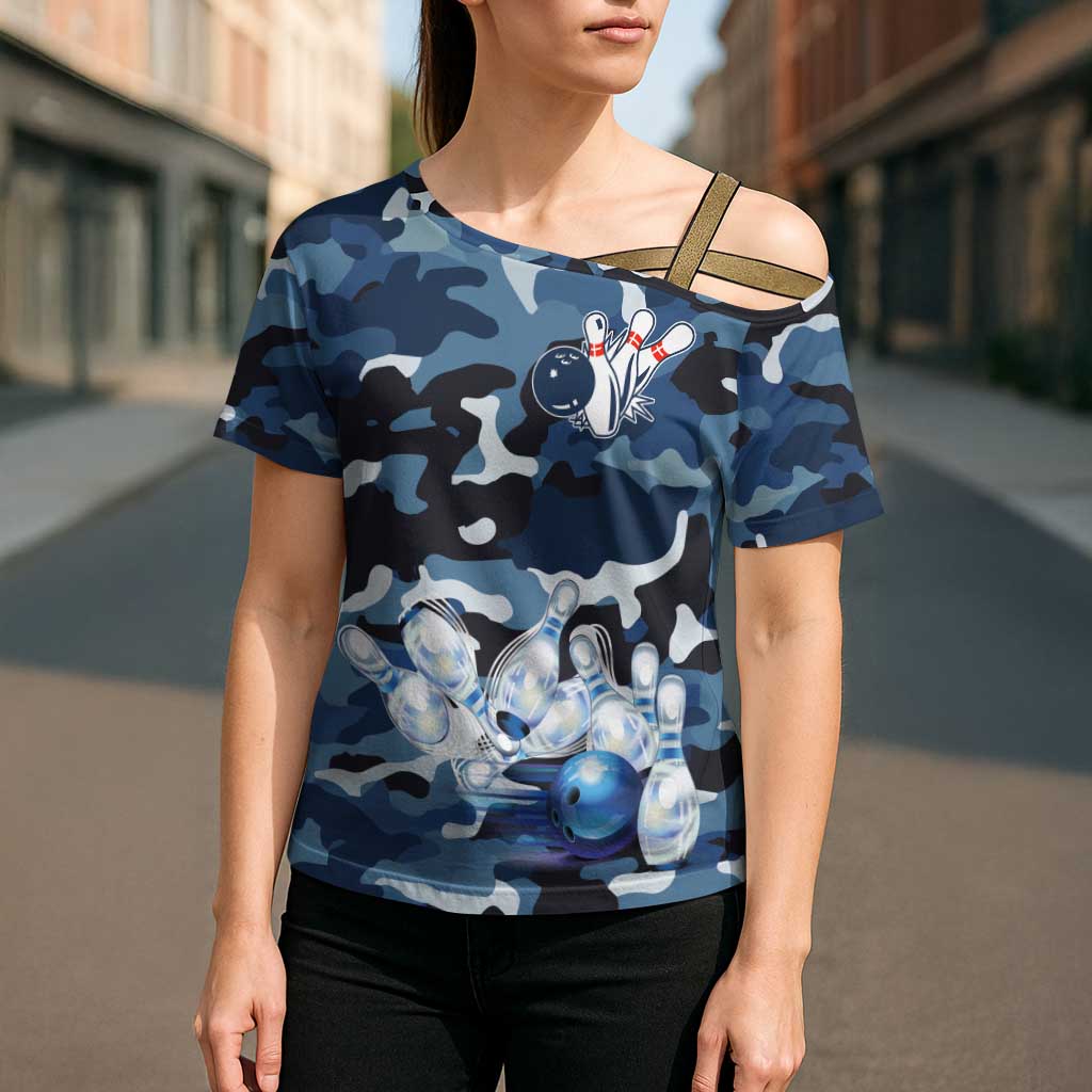 Blue Camouflage Pattern Cross Shoulder Shirt with Bowling Pins and Ball Graphic Design - Wonder Print Shop