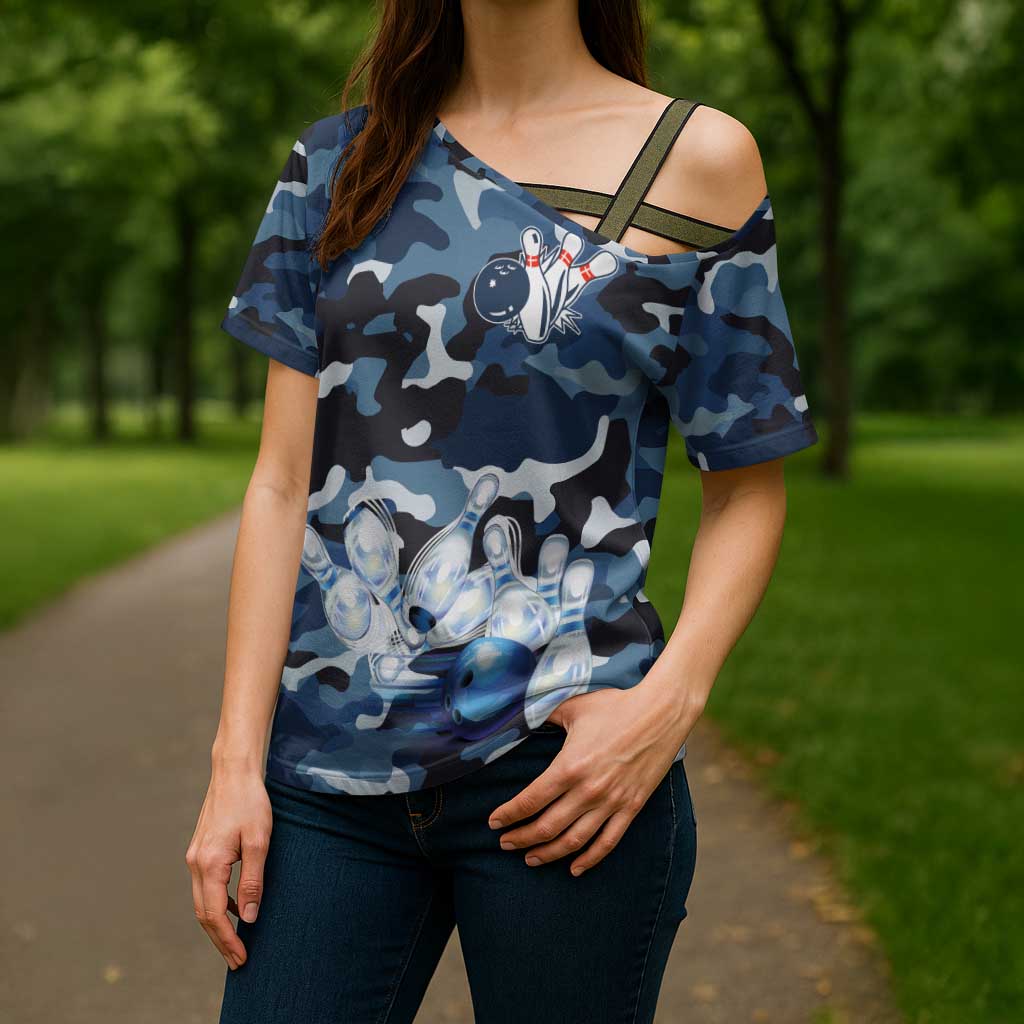 Blue Camouflage Pattern Cross Shoulder Shirt with Bowling Pins and Ball Graphic Design - Wonder Print Shop