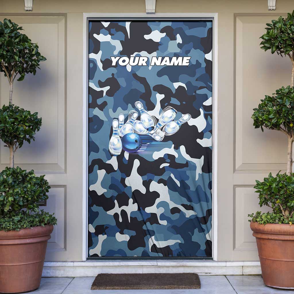 Blue Camouflage Pattern Door Cover with Bowling Pins and Ball Graphic Design - Wonder Print Shop