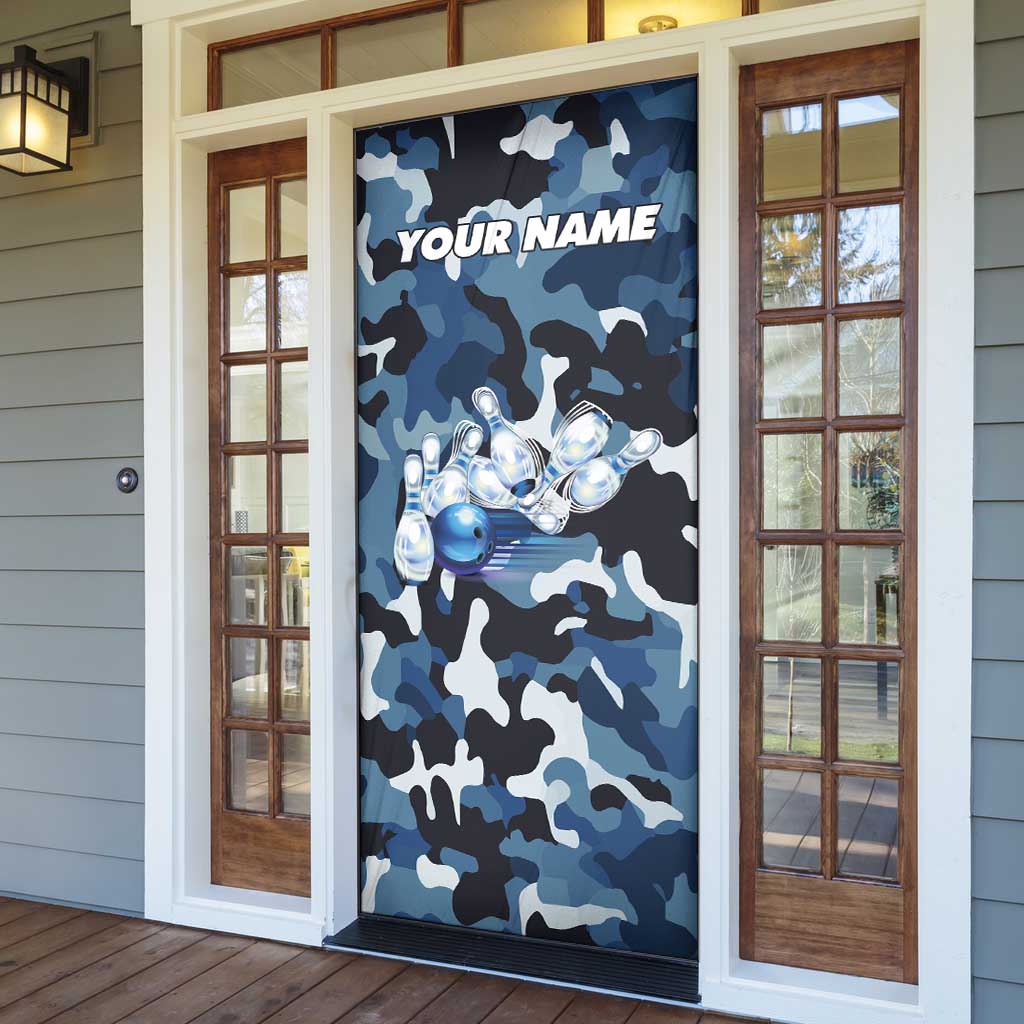 Blue Camouflage Pattern Door Cover with Bowling Pins and Ball Graphic Design - Wonder Print Shop