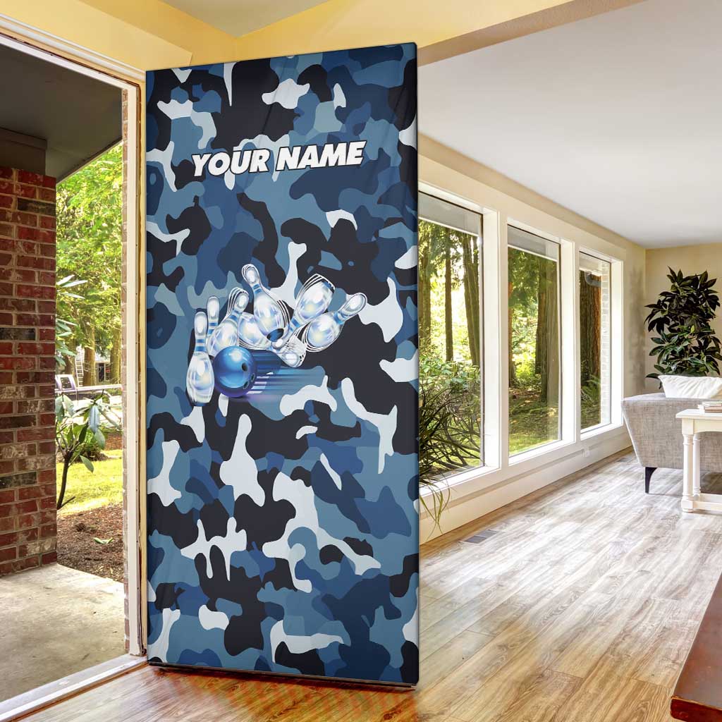 Blue Camouflage Pattern Door Cover with Bowling Pins and Ball Graphic Design - Wonder Print Shop