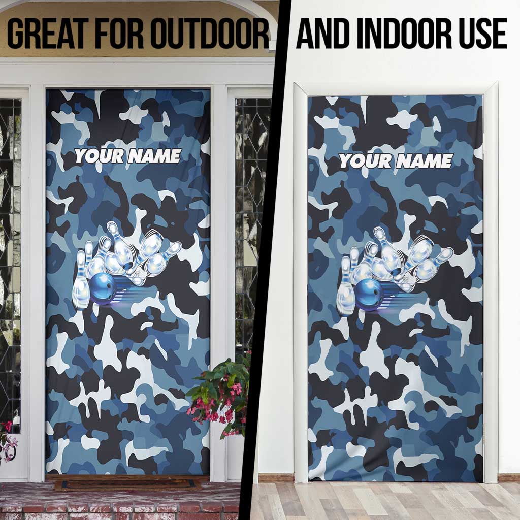 Blue Camouflage Pattern Door Cover with Bowling Pins and Ball Graphic Design - Wonder Print Shop