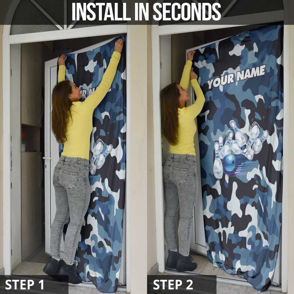 Blue Camouflage Pattern Door Cover with Bowling Pins and Ball Graphic Design - Wonder Print Shop