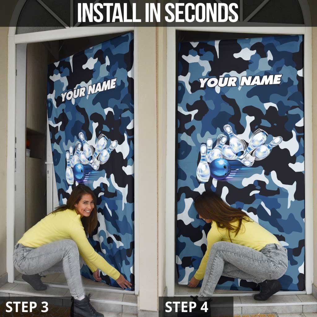 Blue Camouflage Pattern Door Cover with Bowling Pins and Ball Graphic Design - Wonder Print Shop