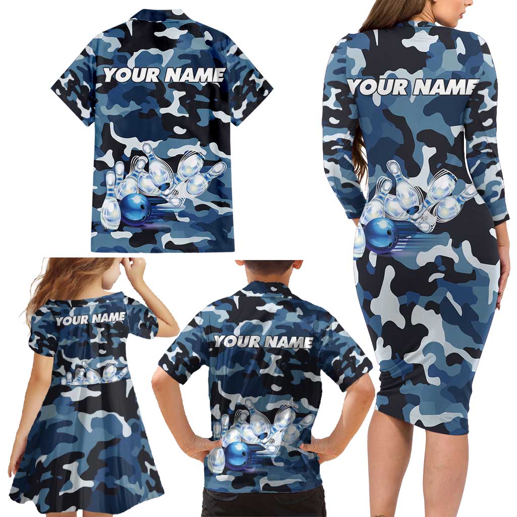 Blue Camouflage Pattern Family Matching Long Sleeve Bodycon Dress and Hawaiian Shirt with Bowling Pins and Ball Graphic Design - Wonder Print Shop