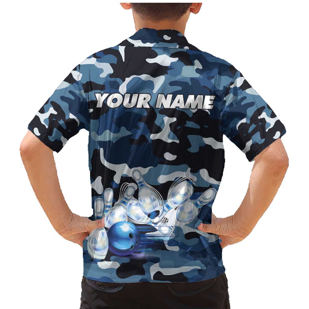 Blue Camouflage Pattern Family Matching Mermaid Dress and Hawaiian Shirt with Bowling Pins and Ball Graphic Design - Wonder Print Shop