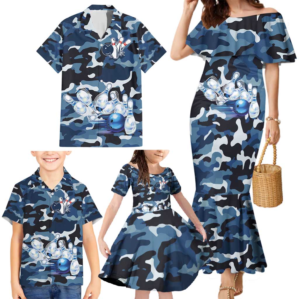 Blue Camouflage Pattern Family Matching Mermaid Dress and Hawaiian Shirt with Bowling Pins and Ball Graphic Design - Wonder Print Shop