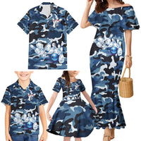 Blue Camouflage Pattern Family Matching Mermaid Dress and Hawaiian Shirt with Bowling Pins and Ball Graphic Design - Wonder Print Shop