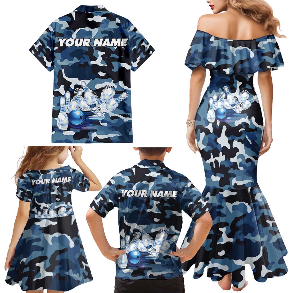 Blue Camouflage Pattern Family Matching Mermaid Dress and Hawaiian Shirt with Bowling Pins and Ball Graphic Design - Wonder Print Shop