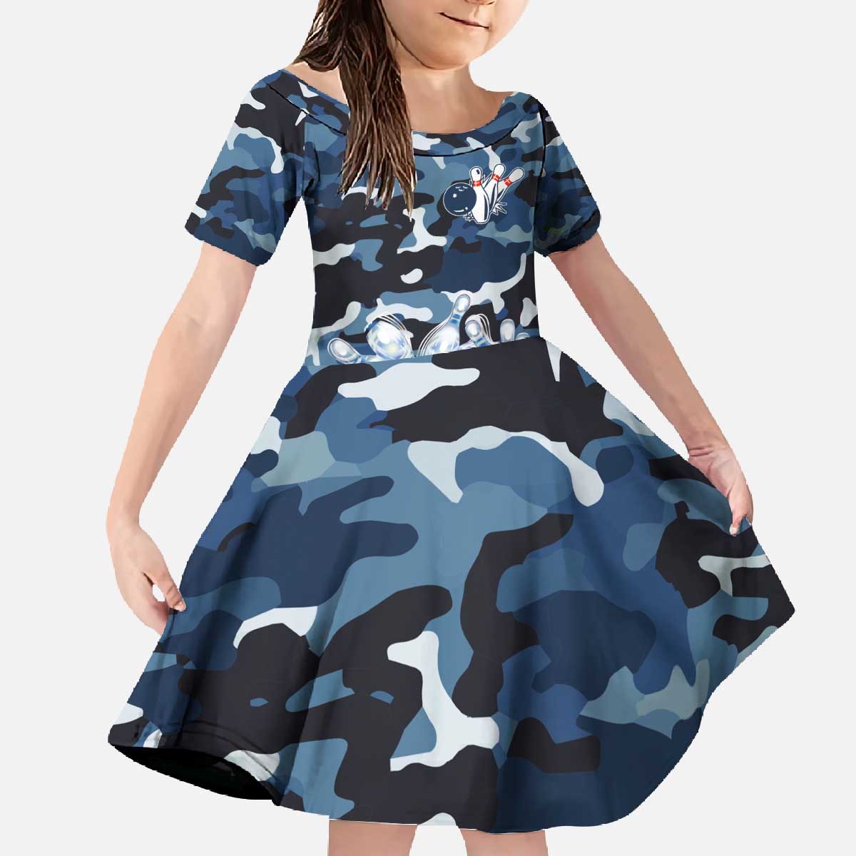 Blue Camouflage Pattern Family Matching Off The Shoulder Long Sleeve Dress and Hawaiian Shirt with Bowling Pins and Ball Graphic Design - Wonder Print Shop